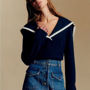 Sezane Naya Jumper Marine With Ecru Details - Size XS